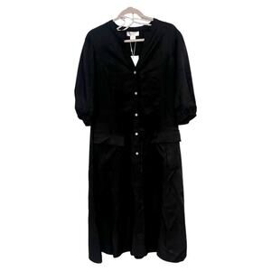 Refinity Black Puff Sleeve Midi Shirt Dress XS – Cinched Waist, Pockets, NWT